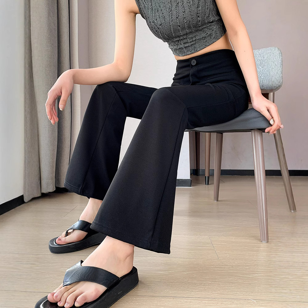 Pantalones de boquilla negra para mujeres de cintura alta y delgada 2025 nuevos pantalones casuales de alta elasticidad