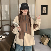 撞色外套女2025春秋新款宽松休闲显瘦拼接小个子高领连帽设计风衣