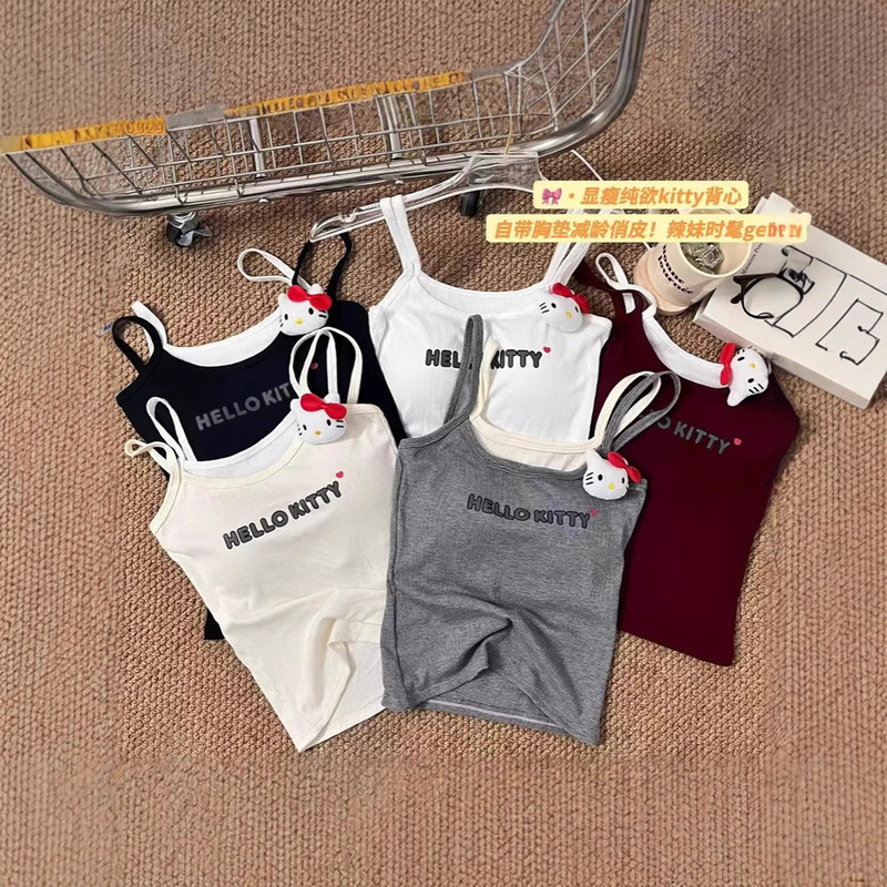 Fake Two-piece Cute HelloKitty Camisole Vest with Chest Pad Women's Summer 2025 New Style Inner Wearing Outer Wearing Top