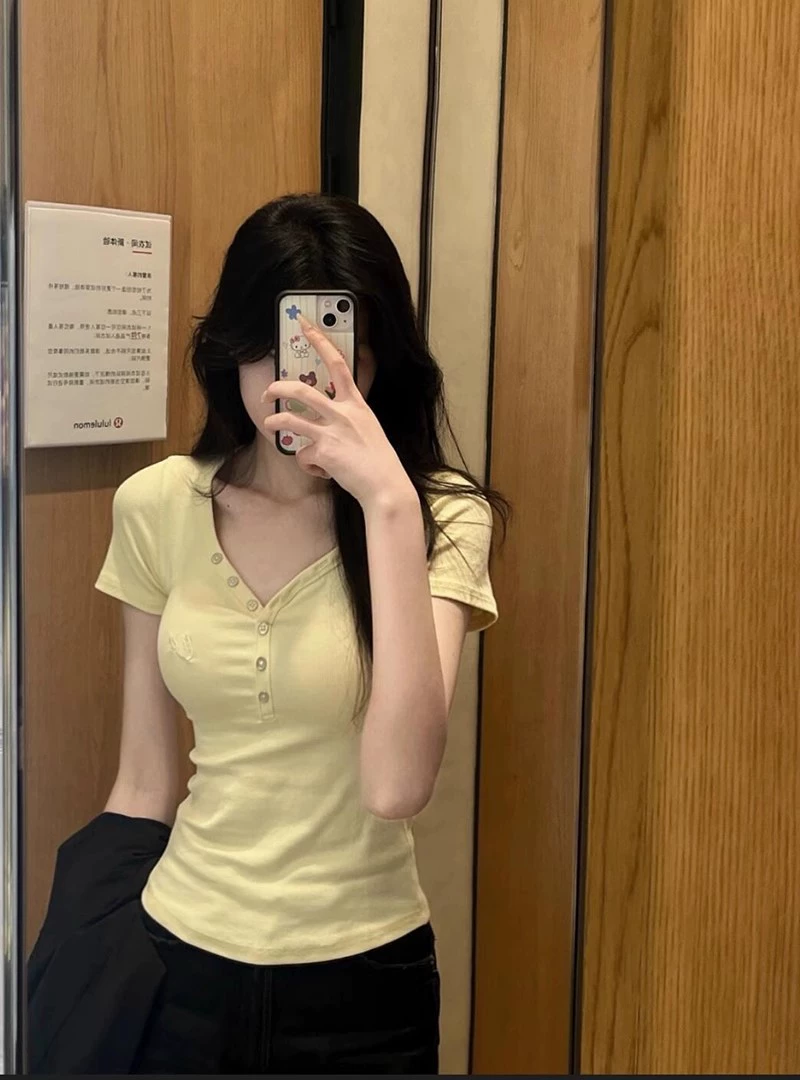 Корейская версия hiphop с полными пуговицами футболка с короткими рукавами женская летняя тонкая тонкая, продвинутый шикарный повседневный дикий топ