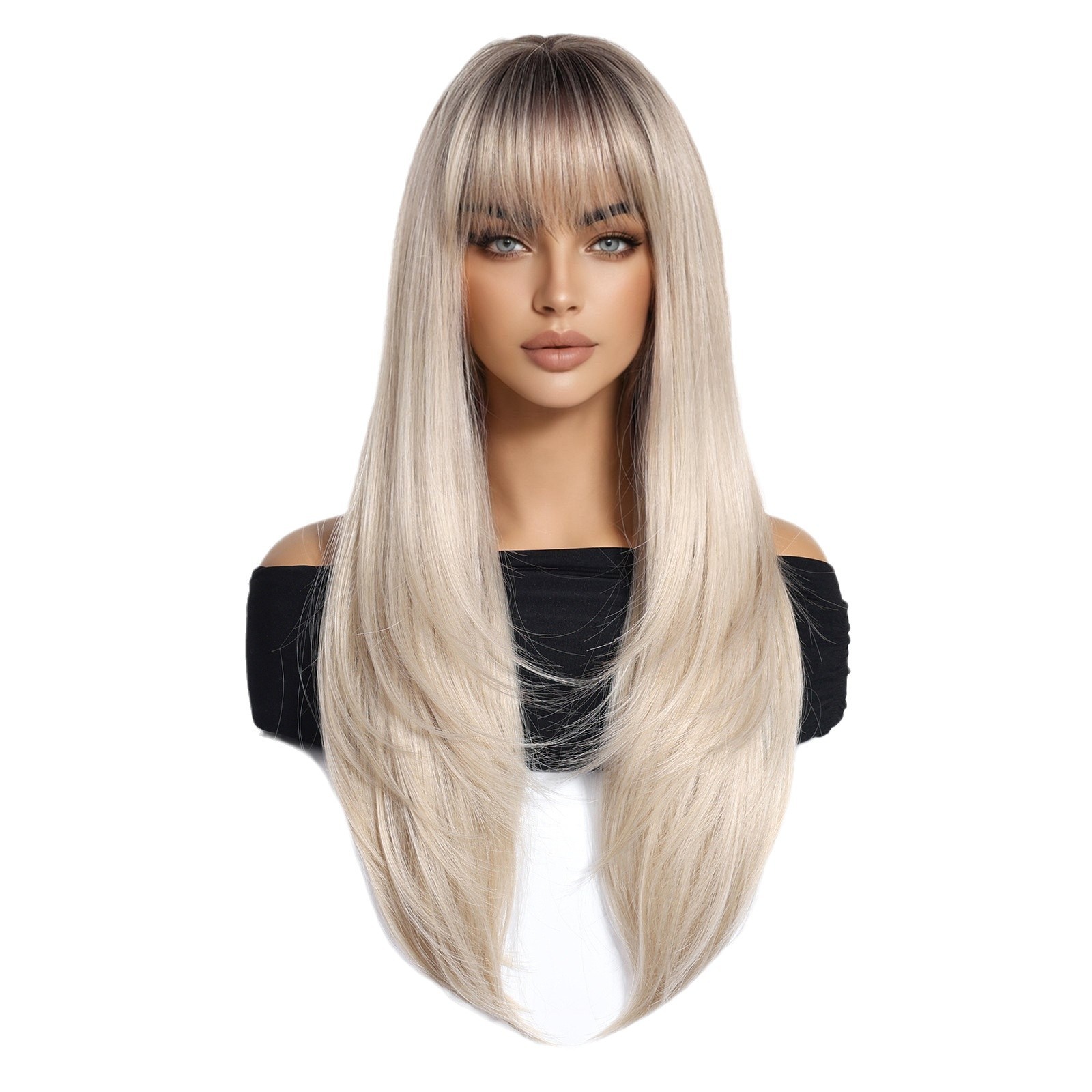 Nuevo estilo transfronterizo venta caliente Qi flequillo de alto nivel gradiente dorado largo cabello liso estilo europeo y americano peluca de moda tipo de cabello completo