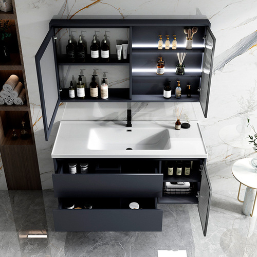 Gu Zhi Bathroom Cabinet Washbasin: Integrated Ceramic & Solid Wood Design, Smart Makeup Mirror Cabinet Combo for the Bathroom