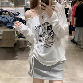 【工厂直销】原版天丝罗纹猫咪印花露肩T恤女装薄款防晒罩衫上衣