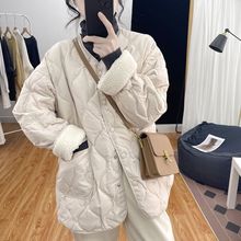 韩国羊羔毛拼棉服女2023秋冬宽松设计感菱形格加厚外套