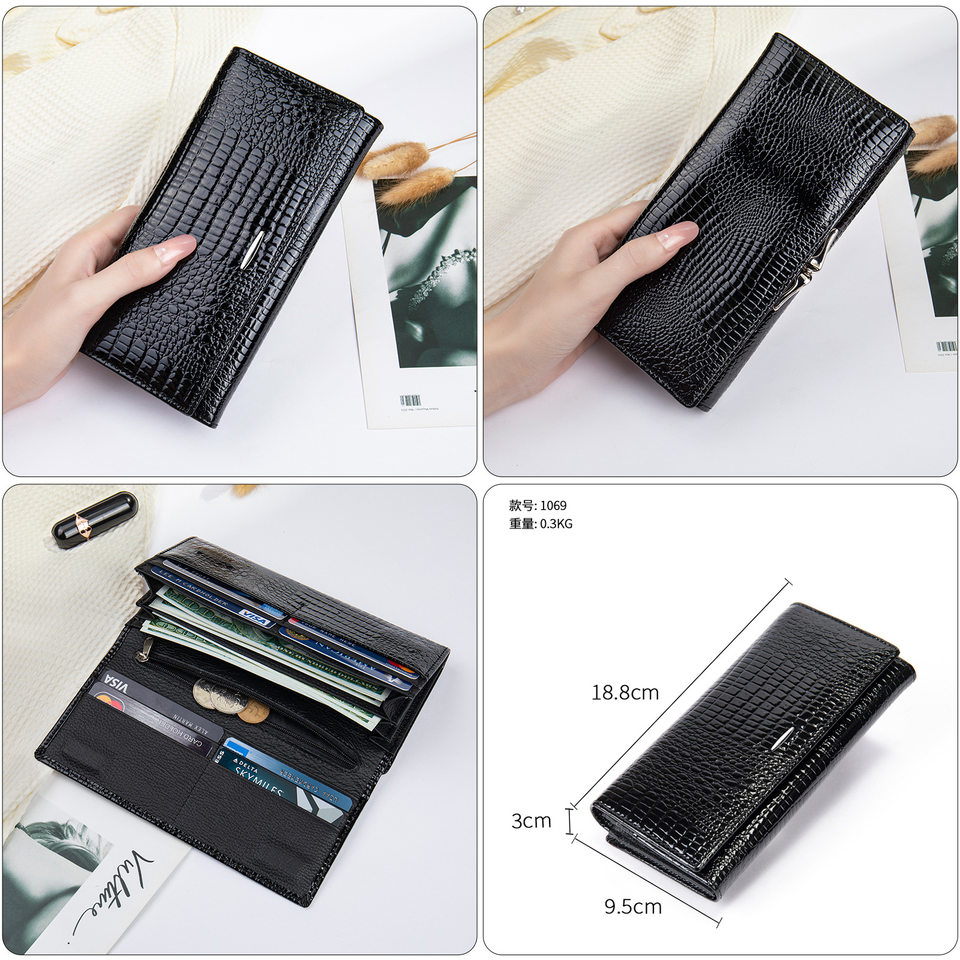 Ví nữ cầm tay da bò thật cao cấp, ví gấp đôi nhiều ngăn đựng tiền xu và thẻ — 1100 Màu Đỏ, 1100 màu đen, 1100 đỏ rượu, 1068 Màu Đỏ