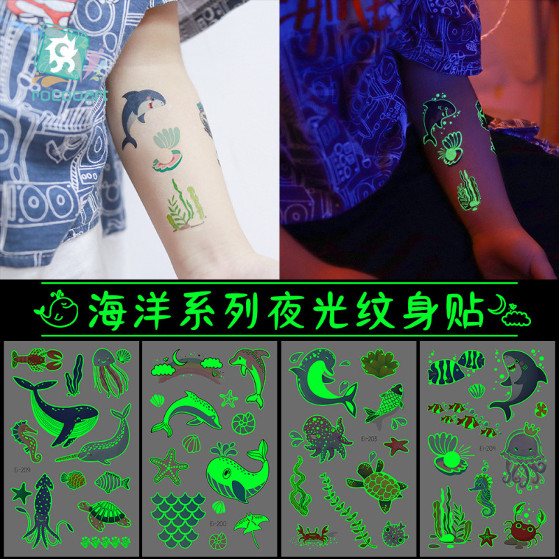 Cross-Border Popular Waterproof Glow-In-The-Dark Children's Eco-Friendly Tattoo Stickers Cartoon Mermaid Luminous Tattoo Stickers Direct from the Manufacturer