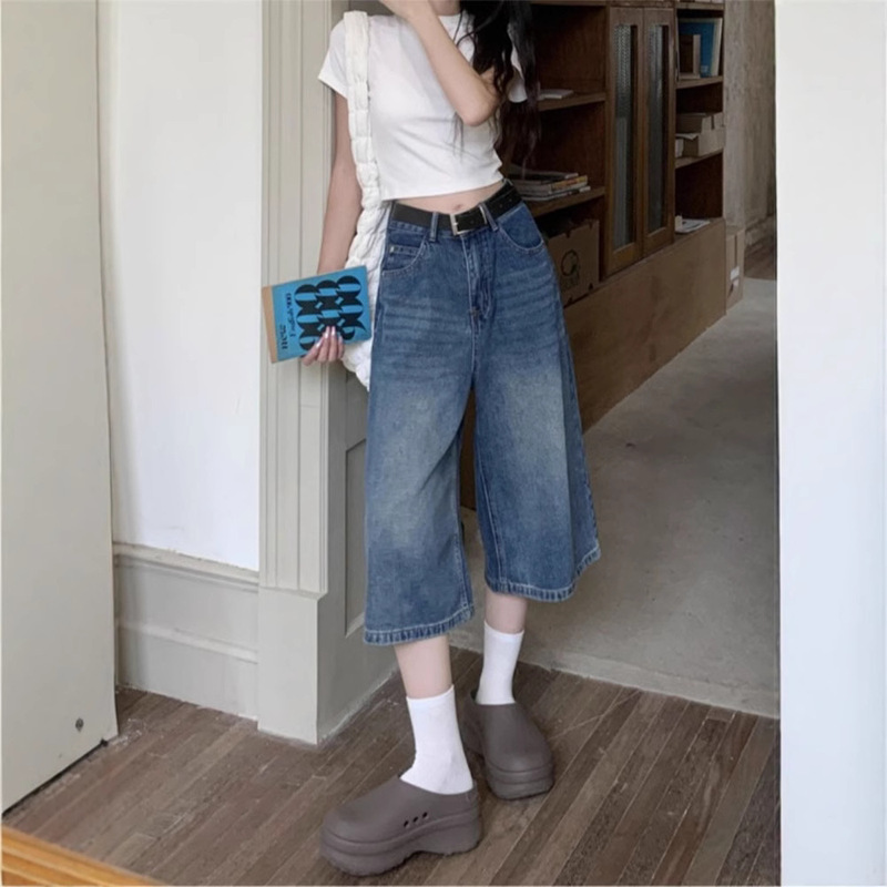 American Retro High Street Jeans for Women Summer 2025 New Loose Versatile High-Waisted Straight Wide-Leg Cropped Pants