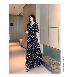 1162#大码女装夏季韩版雪纺收腰仙女连衣裙遮肚显瘦度假长裙