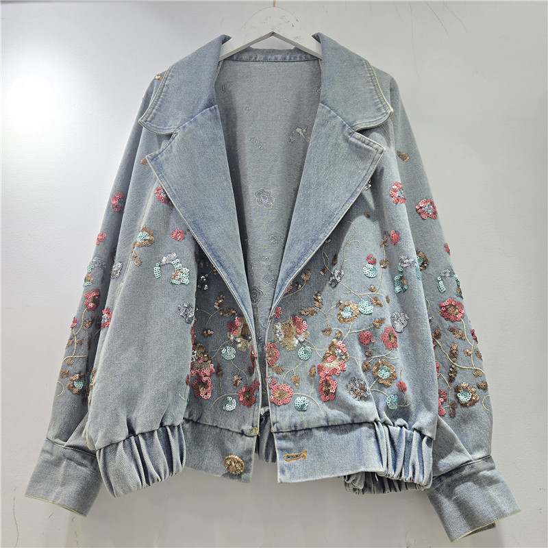 Retro Style Embroidered Sequin Denim Jacket for Women, New Spring Casual Short Jacket with Batwing Sleeves