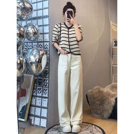 复古条纹针织开衫女秋冬牛角扣时尚圆领条纹毛衣小外套