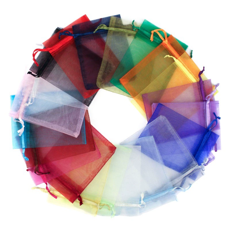 Оптовые однотонные мешочки из органзы, пакеты для фруктов и конфет, упаковка для подарков и ювелирных изделий, сетчатые мешочки на завязках