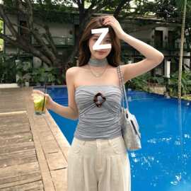 复古穿搭环扣设计挂脖性感露背抹胸灰色高级纯欲辣妹风一字领背心