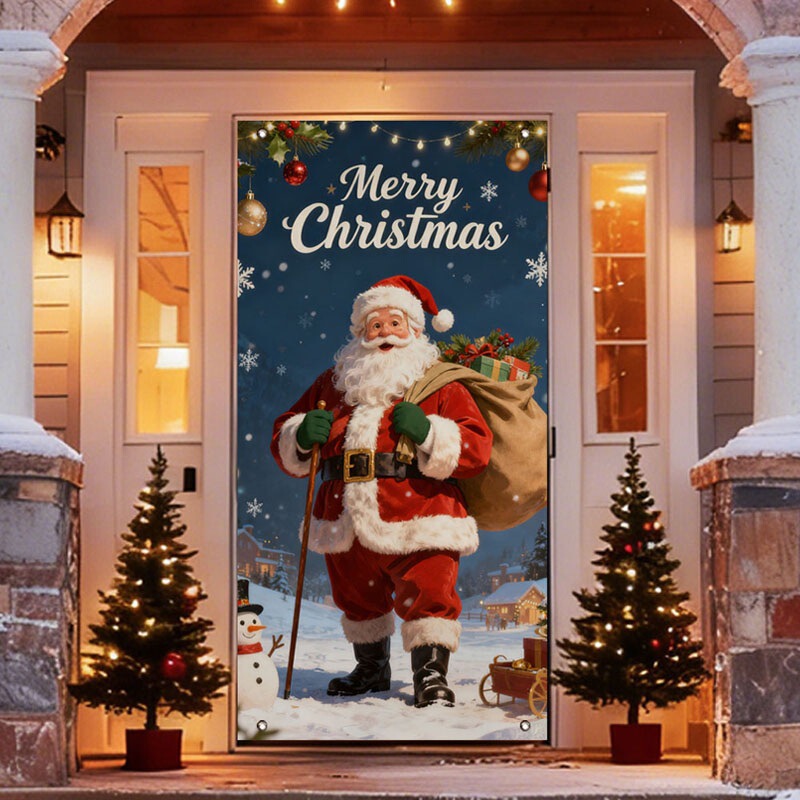Amazon New Product Christmas Door Curtain Flag Outdoor Photo Santa Claus and Puppy Background Decoration Hanging Cloth