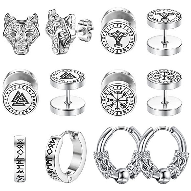 Boucles d'oreilles unisexes noires à fermoir plat, motif runique unique nordique viking, en acier inoxydable, style géométrique classique et tendance._voghion.com