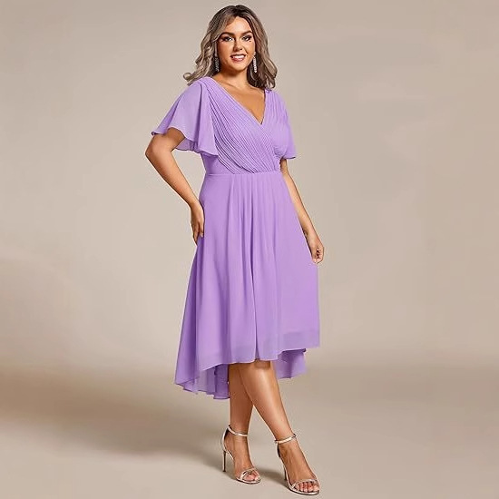 Banquet Evening Dress A- line V-neck Chiffon Short Sleeve Knee-length Plus Size Wedding Guest Dress Fit Curved Women