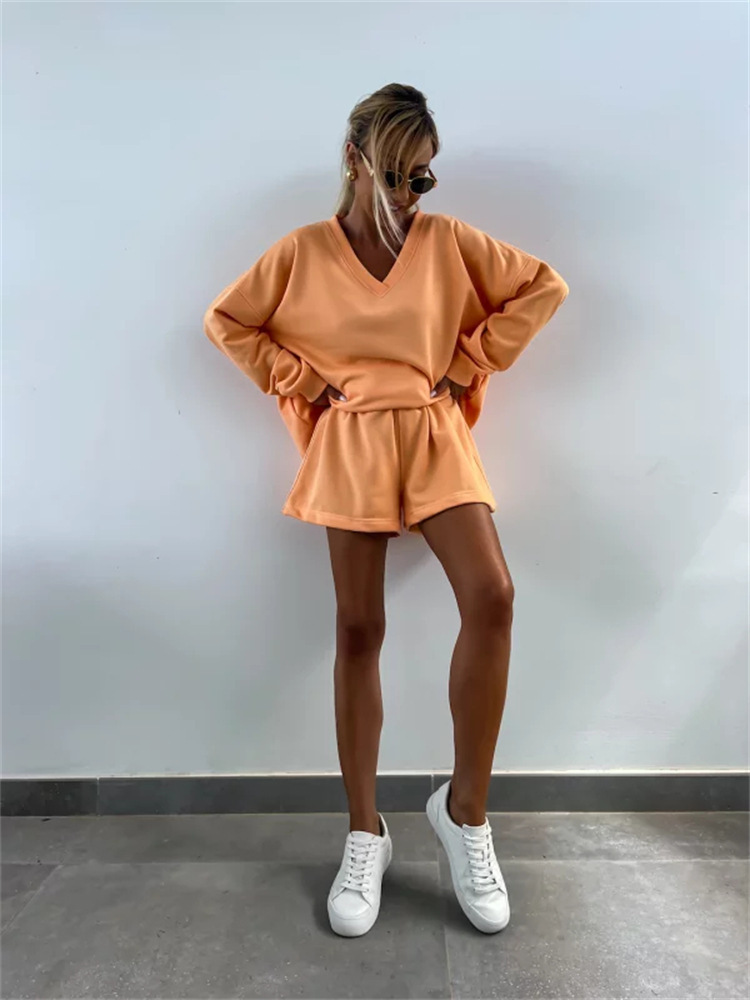 Casual Striped Suit For Women V-neck Long-sleeved Loose Top Paired With Shorts In The Same Color Ladies Spring Summer 2piece Set_voghion.com