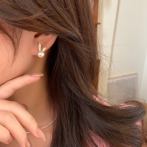 Glittering Mermaid Princess! Asymmetric Early Spring Zirconia Rabbit Ear Pin Earrings for Women -  New Trend Pearls Earrings