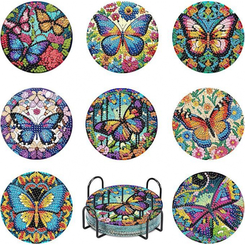 Ventas transfronterizas calientes de 8 piezas de conjunto de cojín de taza de arte de diamante, con soporte, pequeño conjunto de pintura de diamante, adecuado para adultos