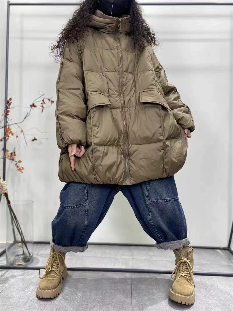 Женский пуховик с капюшоном средней длины больших размеров, новое свободное повседневное пальто, теплый белый модный топ на утином пуху
