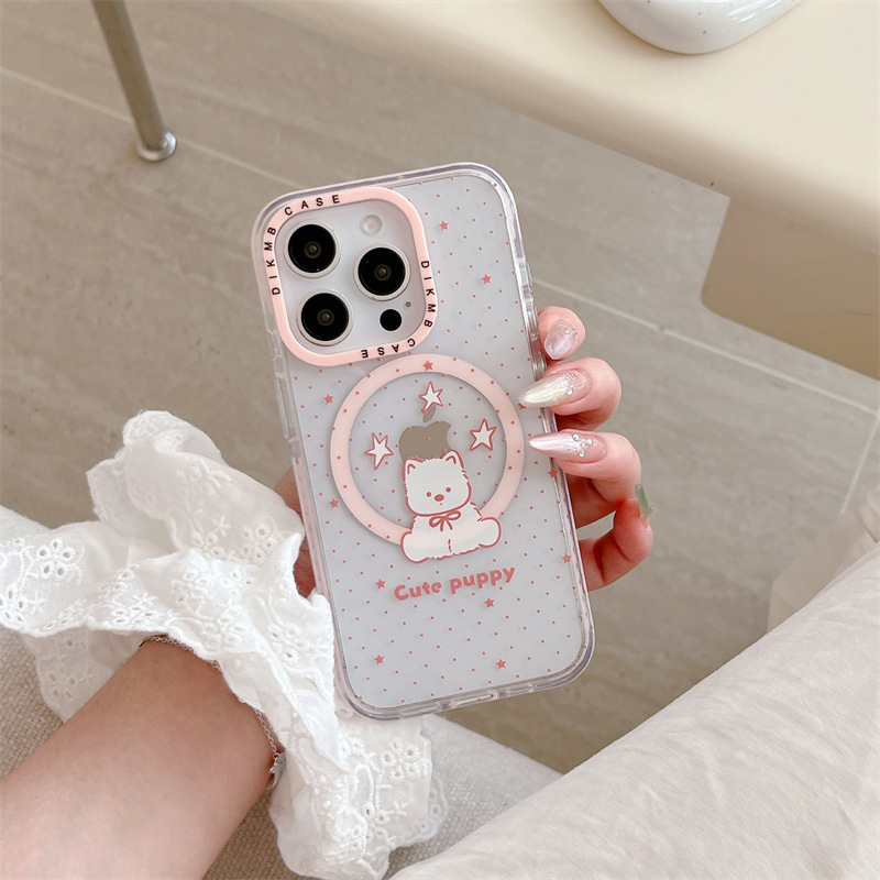 Oso de lazo de dibujos animados de lunares rosa para Apple 16ProMax funda para teléfono móvil 15Pro magnético 14/13 hembra
