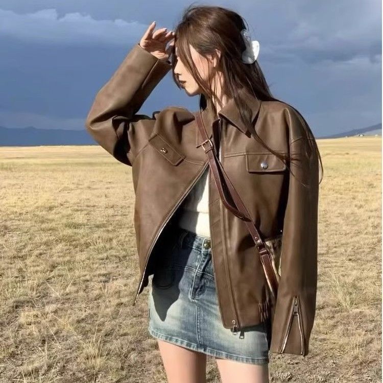 美拉德棕色皮衣外套女2025短款港风pu皮夹克机车春秋冬百搭显瘦|undefined