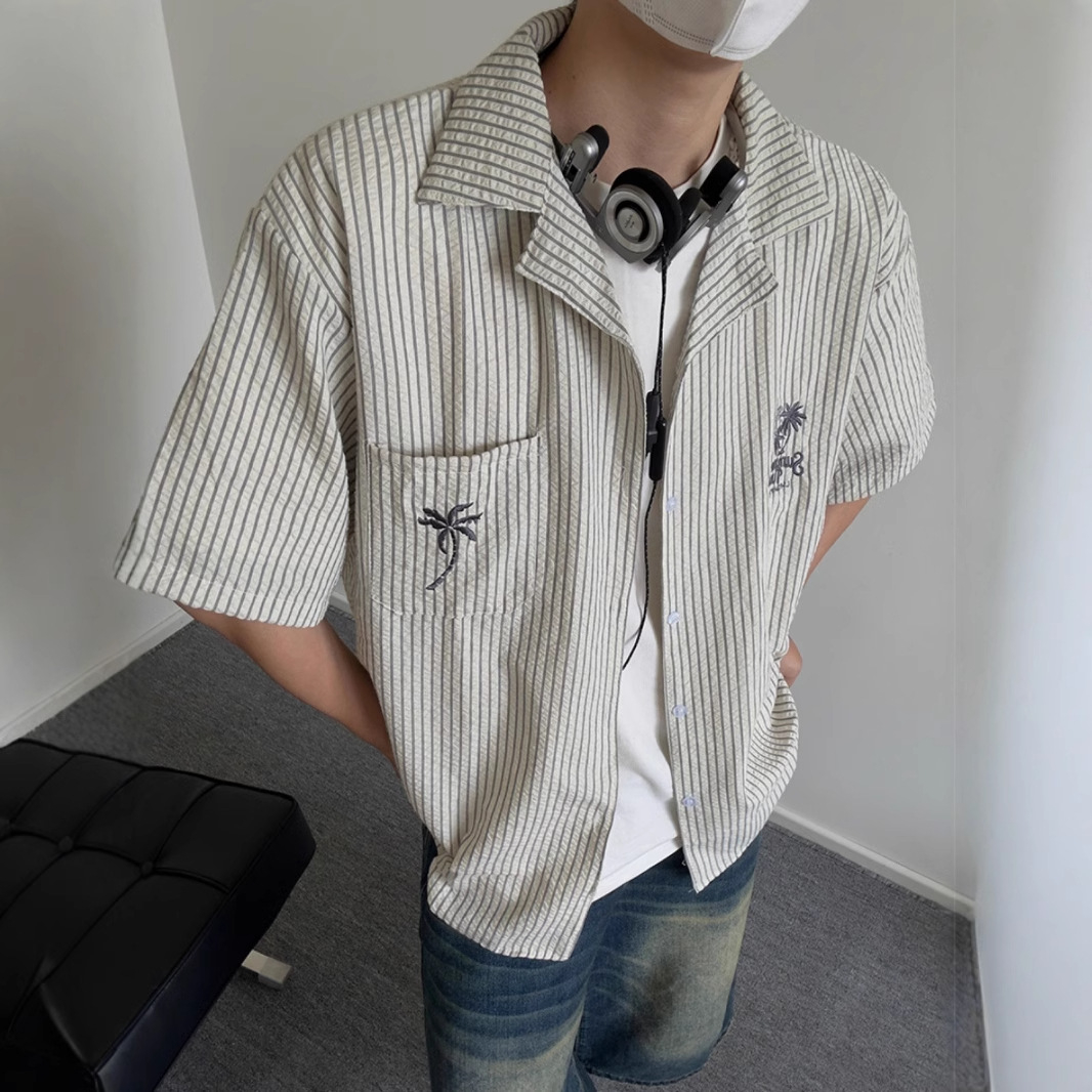 American Style Retro Striped Embroidered Short-sleeved Shirt Men's High-end Summer Cuban Collar Shirt Thin Texture Jacket