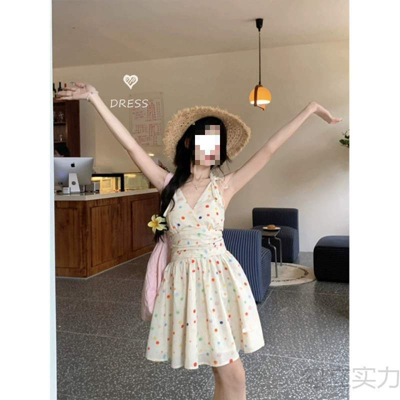 Модное красочное платье с v-образным вырезом в горошек на бретельках, женское летнее платье 2025, новая юбка трапециевидной формы с французской талией