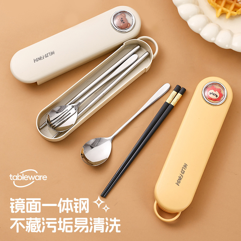 Bear Family 316 stainless steel student portable tableware suit food grade chopsticks spoon Fork travel three-piece set Bear Family 316 stainless steel student portable tableware suit food grade chopsticks spoon Fork travel three-piece set