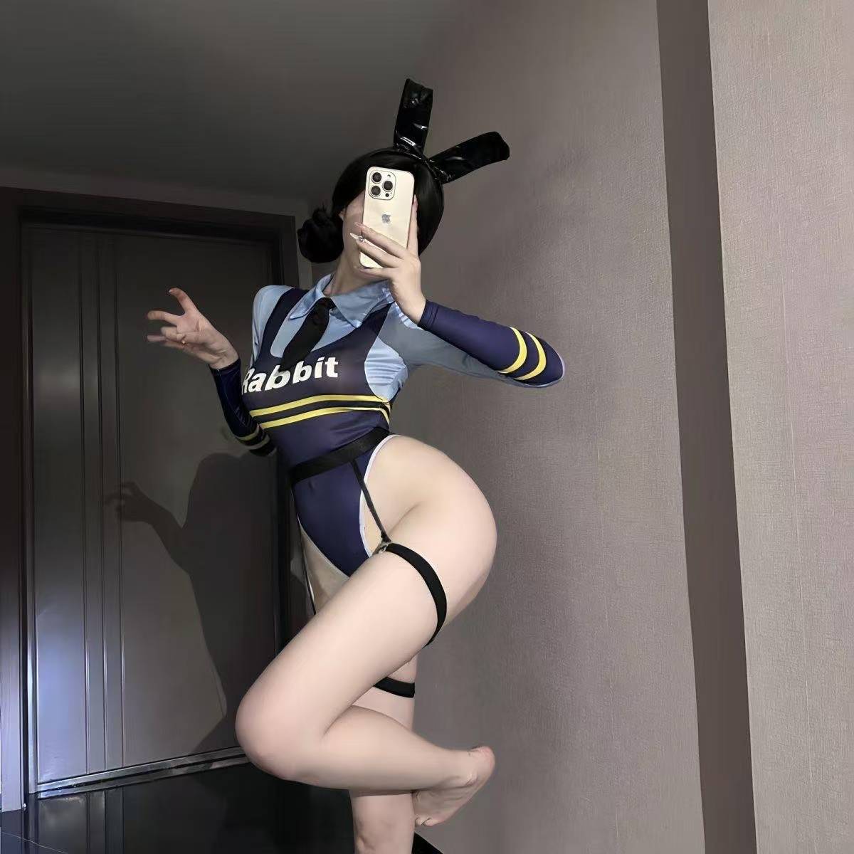 Open-Crotch Bunny Instructor Roleplay Jumpsuit with Ears and Black Stockings — detail image 4