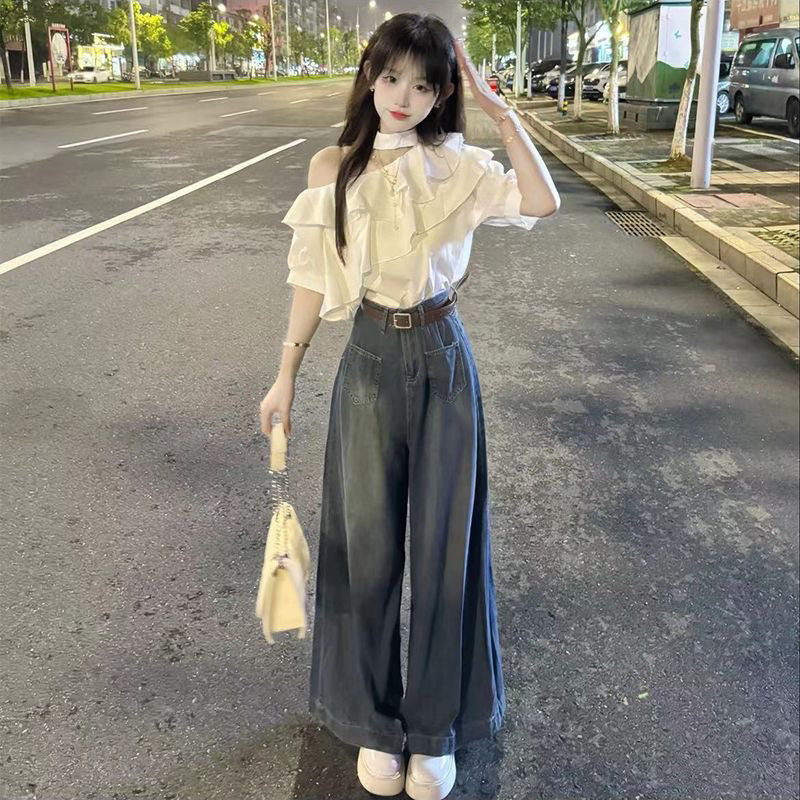 Quick-Hands Internet-Popular Ruffled Neck Shoulder Short-Sleeved Shirt High-Waist Slimming Denim Wide-Leg Pants for suit Women