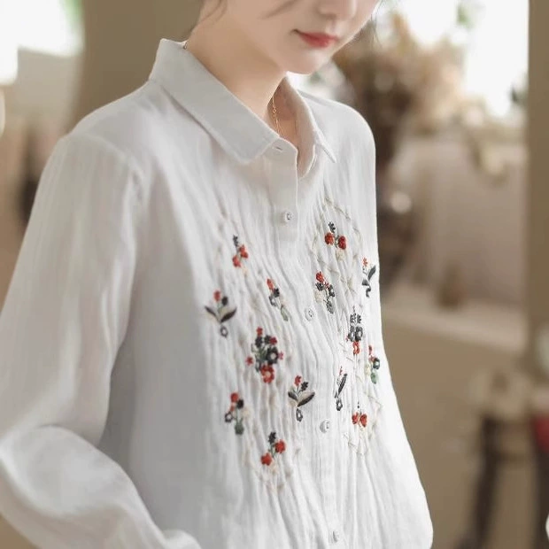 White long-sleeve for leisure, cardigan, shirt, oversize, with embroidery