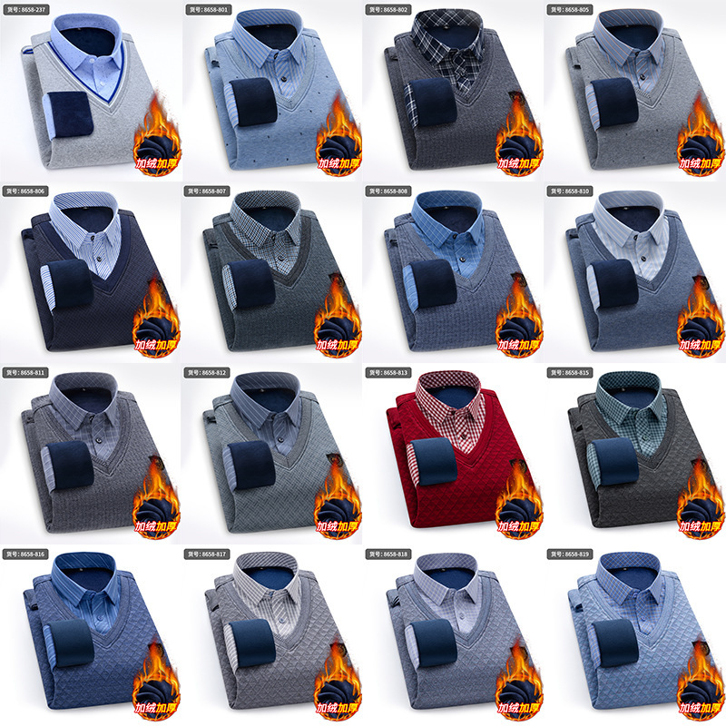 Autumn and winter cotton faux two-piece casual men's shirt with square collar, breathable and warm, men's thick knitted sweater in stock Autumn and winter cotton faux two-piece casual men's shirt with square collar, breathable and warm, men's thick knitted sweater in stock