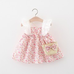 Summer New Girls' Clothing 1454 Children's Floral Dress and Shirt Baby Dress Beach Dress with Bamboo Basket Crossbody Bag