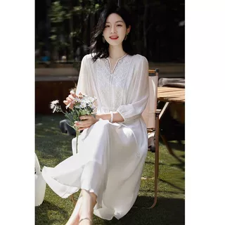 法式刺绣雪纺连衣裙女2025春夏新款高级感显瘦遮肉旅游拍照仙女裙