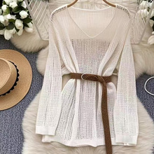 慵懒风长袖V领镂空针织衫上衣女25年夏季薄款防晒针织宽松罩衫