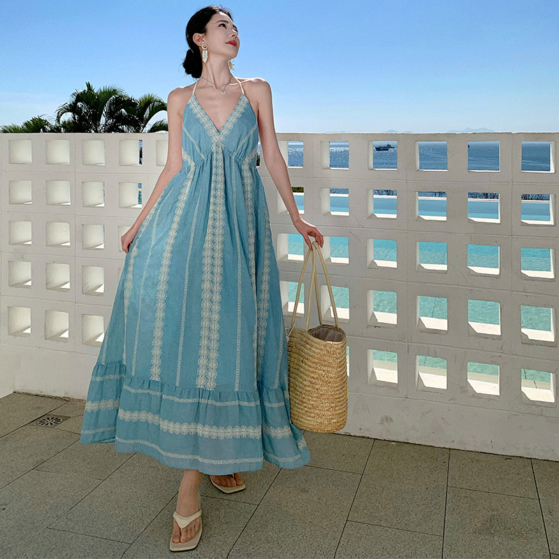 Light Blue Resort-style Backless Halter Neck Dress, Bohemian Heavy Embroidery Long Dress For Women_ecoleips.com