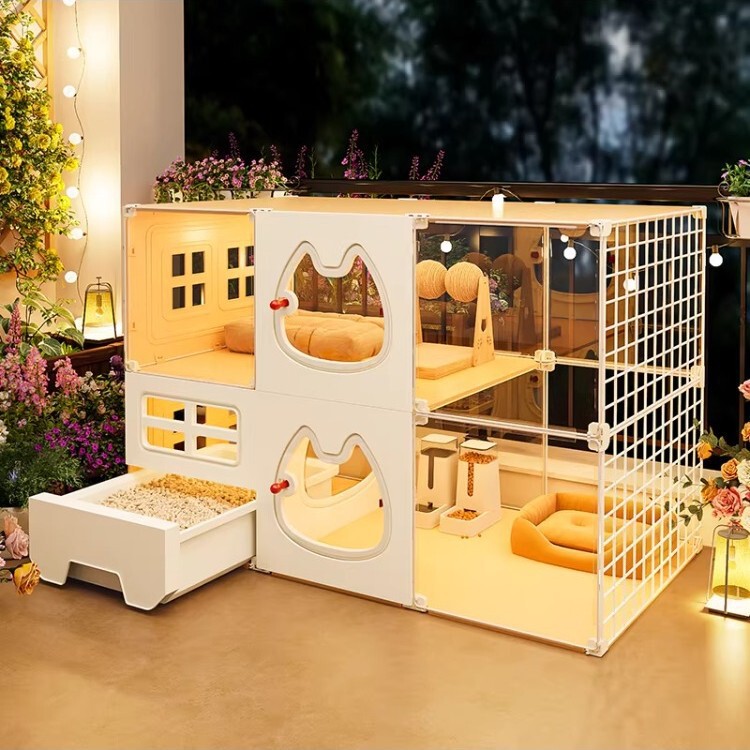Cat Cage, Cat Villa, Extra-Large Free Space, Home Indoor Cat House, Integrated Cat Toilet, One Bedroom, One Living Room, One Bathroom, Cat Cabinet
