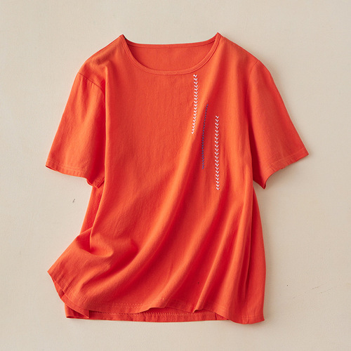 Art Deco Retro Short Sleeve Women's Embroidered Cotton Linen Crew Neck Summer Loose Plus Size Versatile T-Shirt Hooded Top for Women