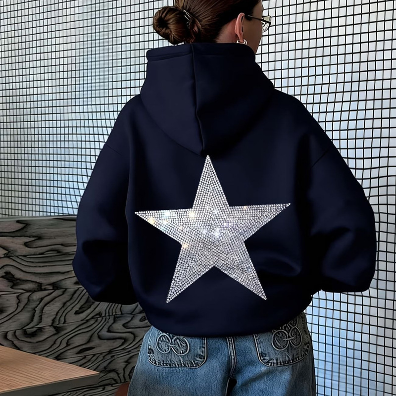 2026 Cross-Border Hot-Selling Women's Five-Pointed Star Hooded Sweatshirt with 2D Print Casual Long-Sleeve Pullover Top