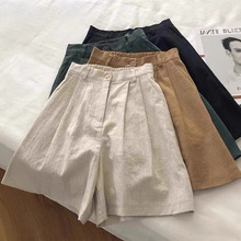 日系棉麻高腰短裤女夏季薄款小个子宽松百搭阔腿裤亚麻休闲五分裤
