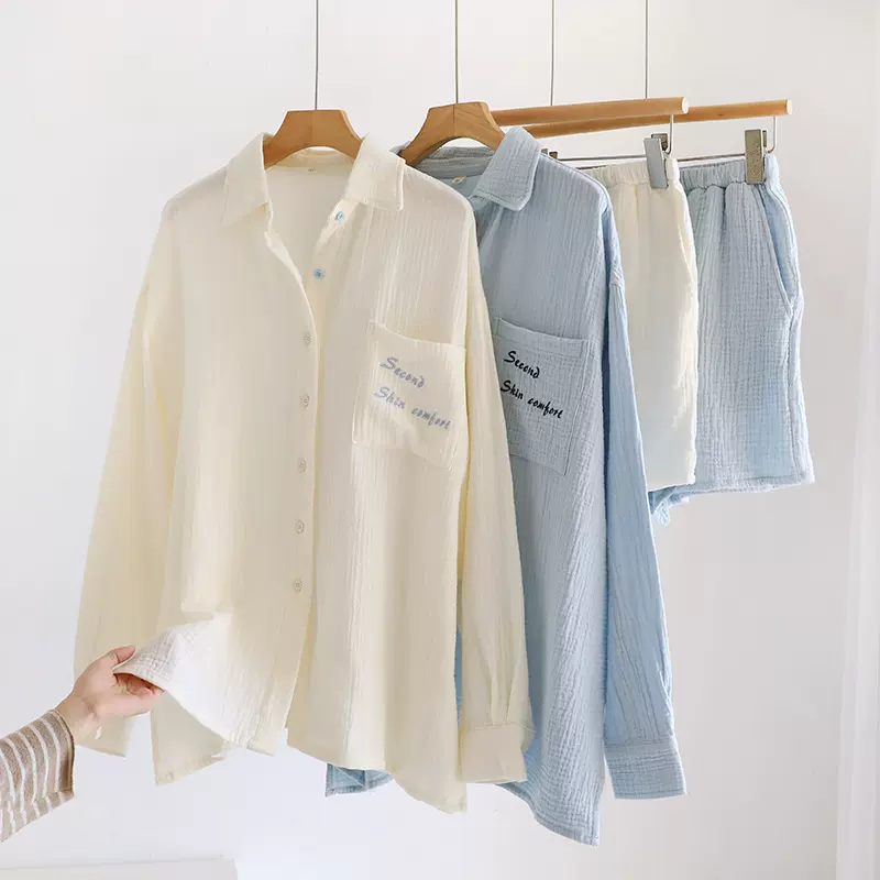 长袖睡衣春夏季新款纯棉双层纱布女士纯色简约男友风家居服套装