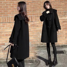 年新款大码秋冬中长款毛呢外套女黑色牛角扣胖显瘦呢子大衣