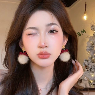 圣诞毛绒绒毛球蝴蝶结耳钉新款2023爆款耳饰女小众轻奢高级感耳环