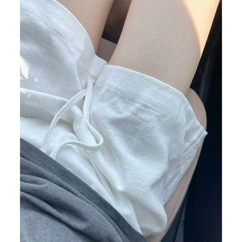 White Ice Silk Cotton Linen Shorts for Women, Summer High-Waisted Slimming Loose A-Line Vintage Style Casual Quick-Dry Sports Shorts