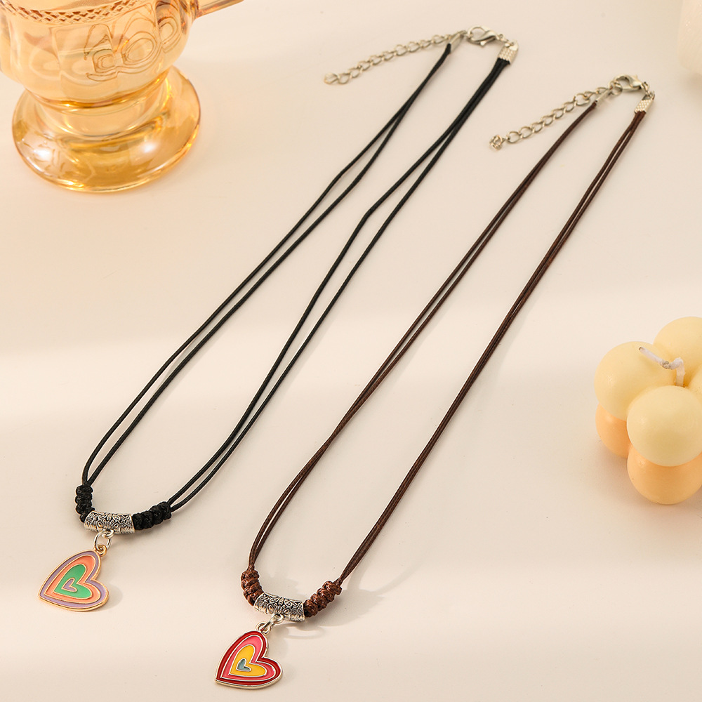 Simple Style Heart Shape Alloy Leather Rope Enamel Unisex Pendant Necklace display picture 3