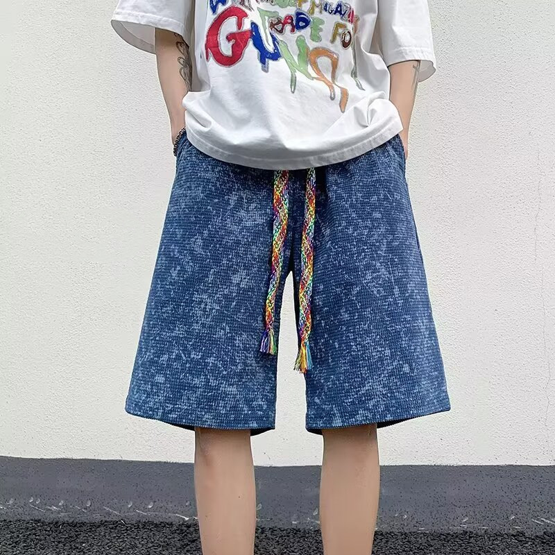 2025 Summer Waffle Tie-Dye American Style Five-Point Shorts for Boys Trendy Beach Washed Vintage Sports Basketball Shorts