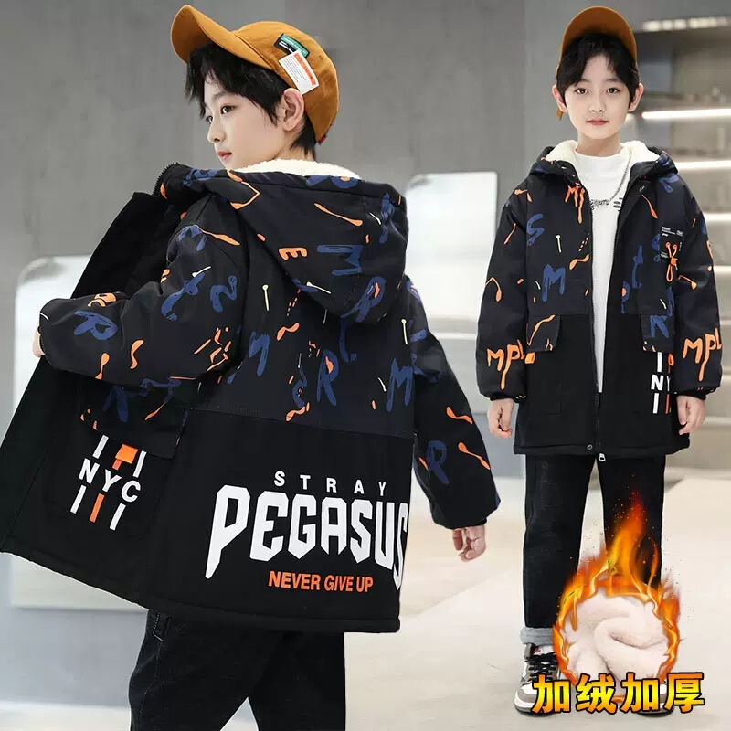 Boys' Winter Jacket 2026 New Model for Older Children, Boys' Winter Fleece-Lined Thick Parka Cotton Coat