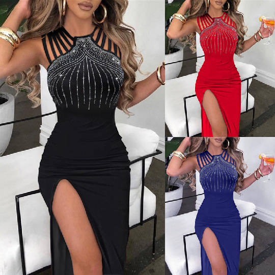 2025 Amazon Independent Station Cross-Border Women's Clothing Elegant Hot Diamond Slit Hip-Covering Dress Skirt Nightclub Dinner Dress