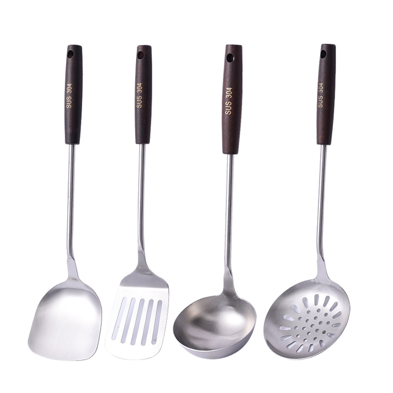 304 espátula de acero inoxidable mango de madera cuchara de sopa freír pala espátula utensilios de cocina para el hogar traje al por mayor