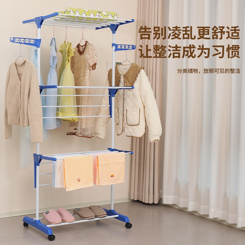 Tendedero de ropa simple de un solo poste, tendedero de pie plegable multifuncional de tres niveles para exteriores, tendedero de balcón con forma de ala